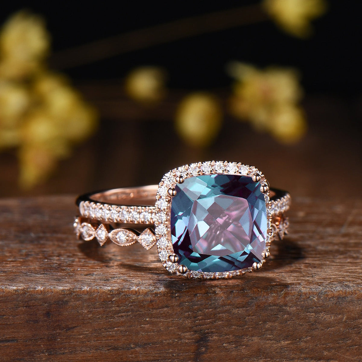 3ct Cushion Alexandrite Engagement Ring Set, 14k Rose Gold Halo Diamond Bridal Ring, Art Deco Full Eternity Milgrain Band