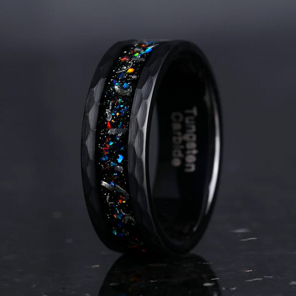 8mm tungsten men's wedding band steel hammered black ring inlaid with colored opal