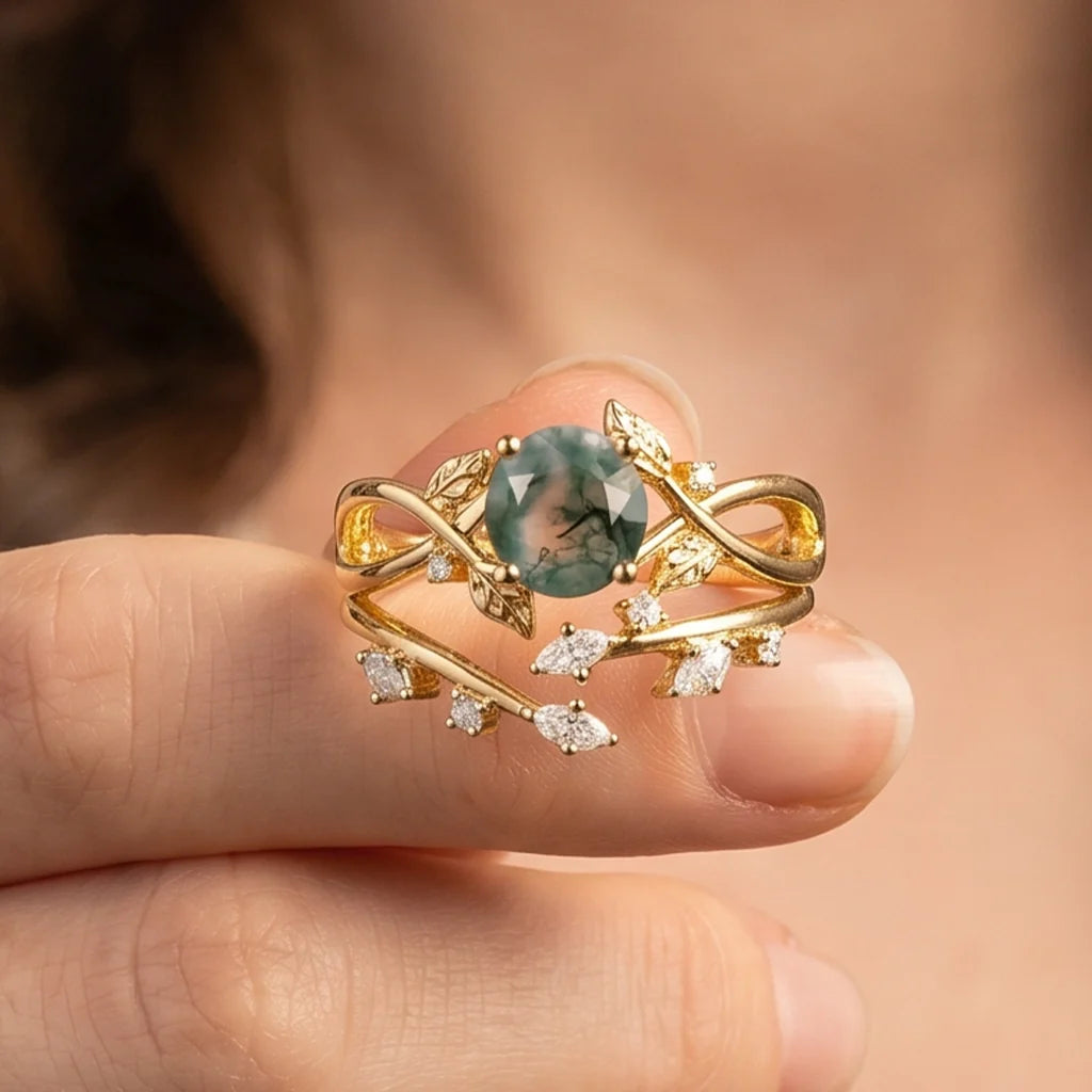 Cordelia Round Cut Moss Agate Leafy Infinity Bridal Set 2pcs