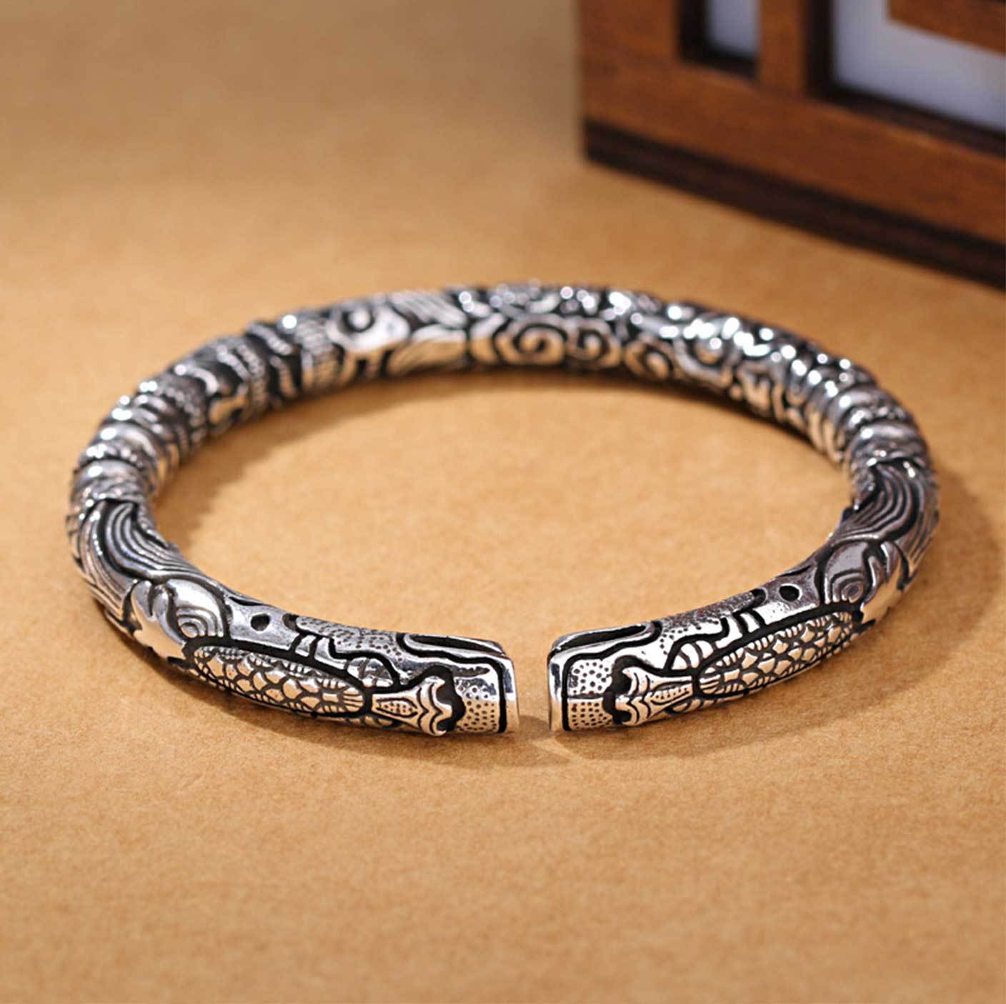 Handmade Thai Silver Open Cuff Dragon Bracelet