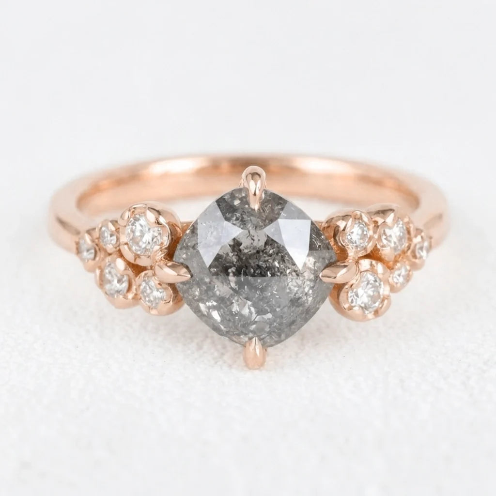 Astrid’s Stardust | 1.5CT Cushion Salt & Pepper Diamond Blossom Engagement Ring