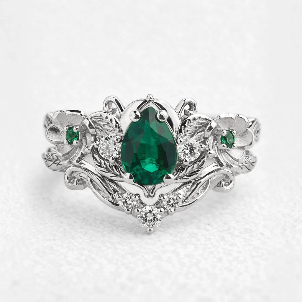 Flora’s Bloom | Natural Emerald Floral Bridal Set 2pcs