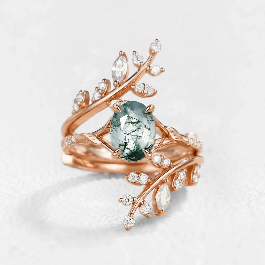 Daphne’s Wreath | Oval Moss Agate Cluster Enhancer Bridal Set 2pcs