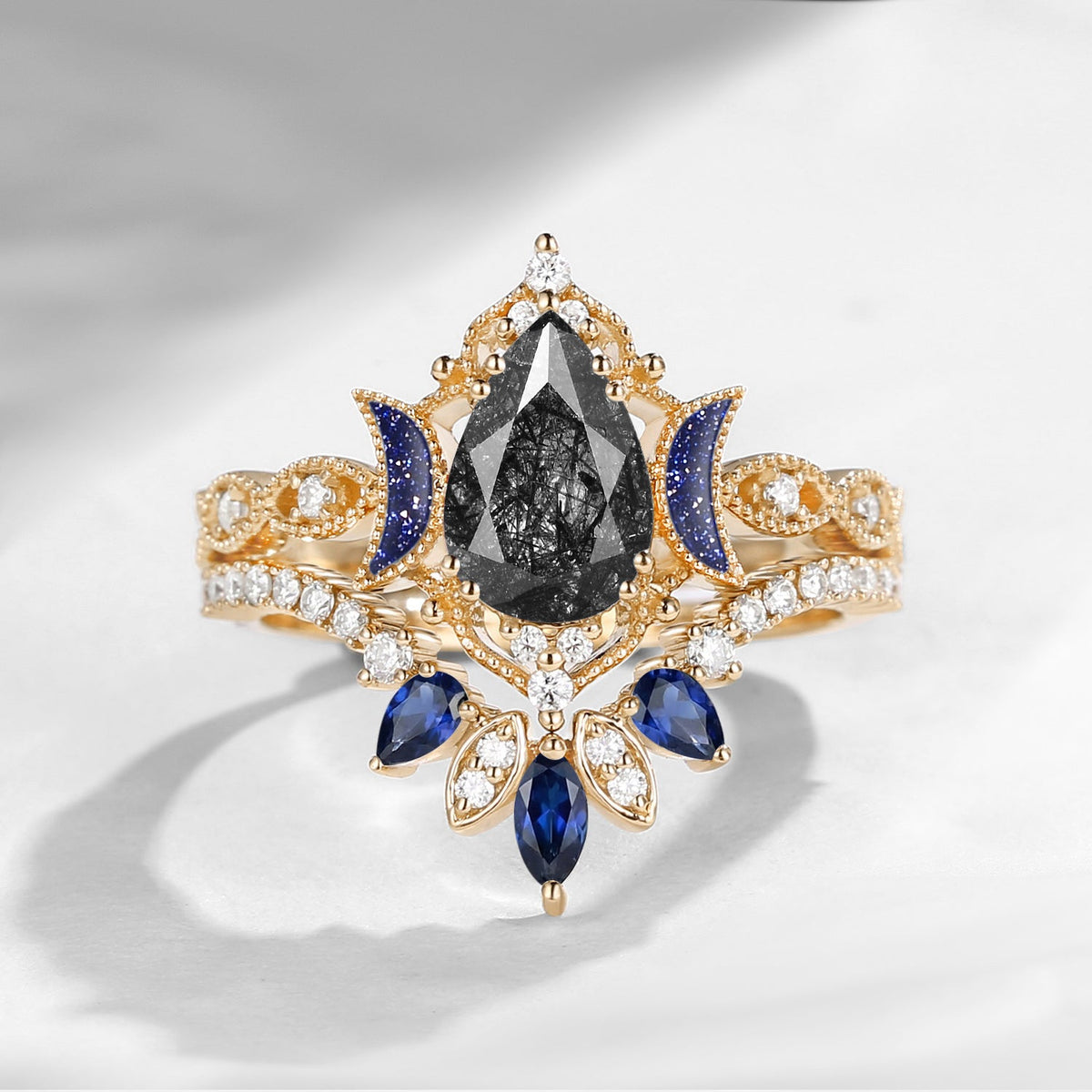 Crescent Moon | Blue Moon Inspired Pear Black Rutilated Quartz 'Ultra Galaxy' Engagement Ring Set 2pcs