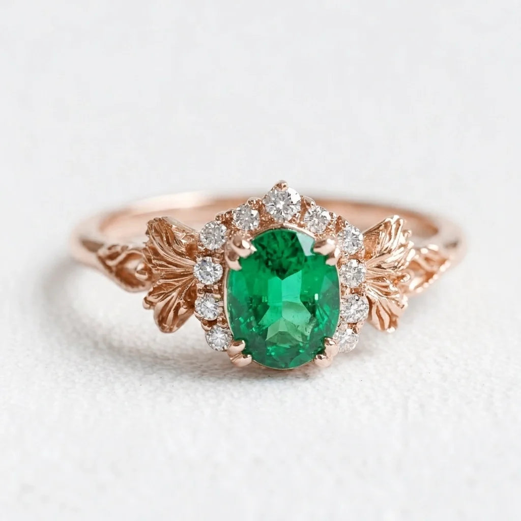 Isolde’s Heritage | Oval Natural Emerald & Diamond Halo Engagement Ring