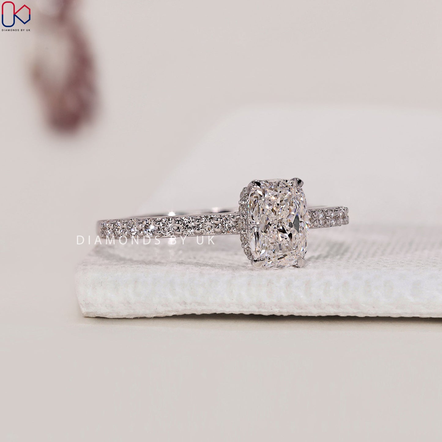 Cushion Diamond Ring with Round Side Diamonds