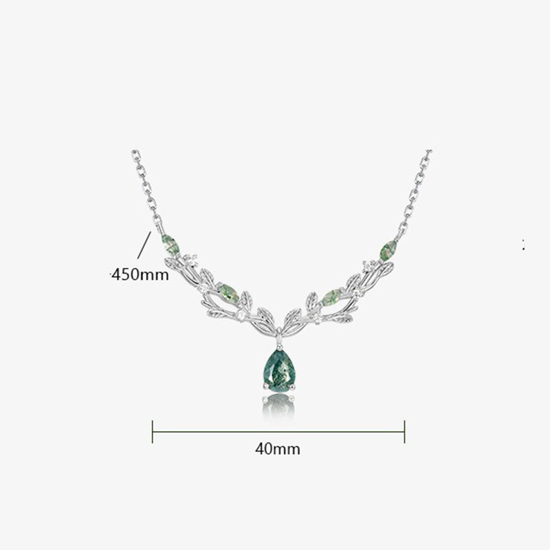 Olive Leaf Branch Green Moss Agate Collarbone Necklace Pear Cut Birthday Gift "Olivae"