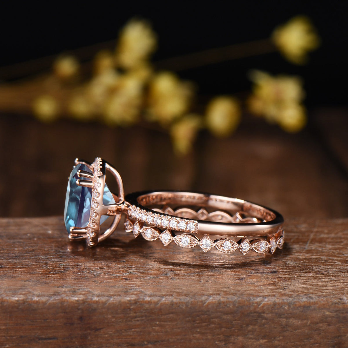 3ct Cushion Alexandrite Engagement Ring Set, 14k Rose Gold Halo Diamond Bridal Ring, Art Deco Full Eternity Milgrain Band