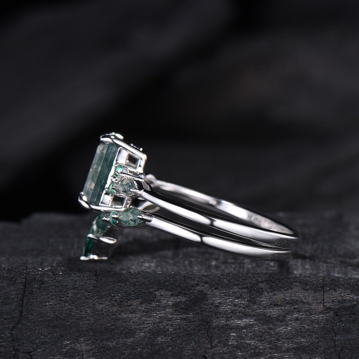 Unique Emerald Cut Natural Moss Agate Engagement Ring Set Seven Stone Green Gemstone Wedding Ring Set 14K Rose Gold Emerald Bridal Set Women