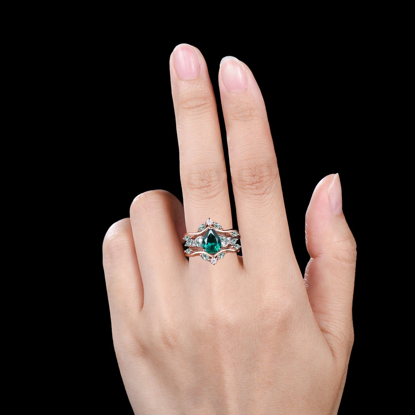 Pear Shaped Emerald Wedding Ring Set Rose Gold Cluster Enhancer Moss Agate Bridal Set