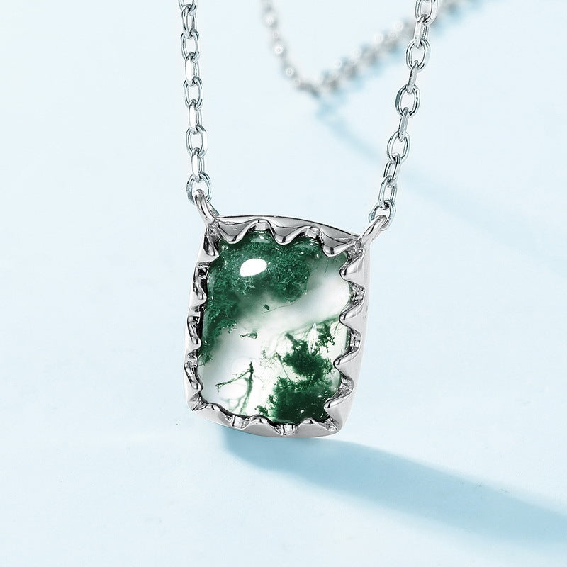Secret Garden 7x9mm Emerald Cut Moss Agate Pendant Necklace