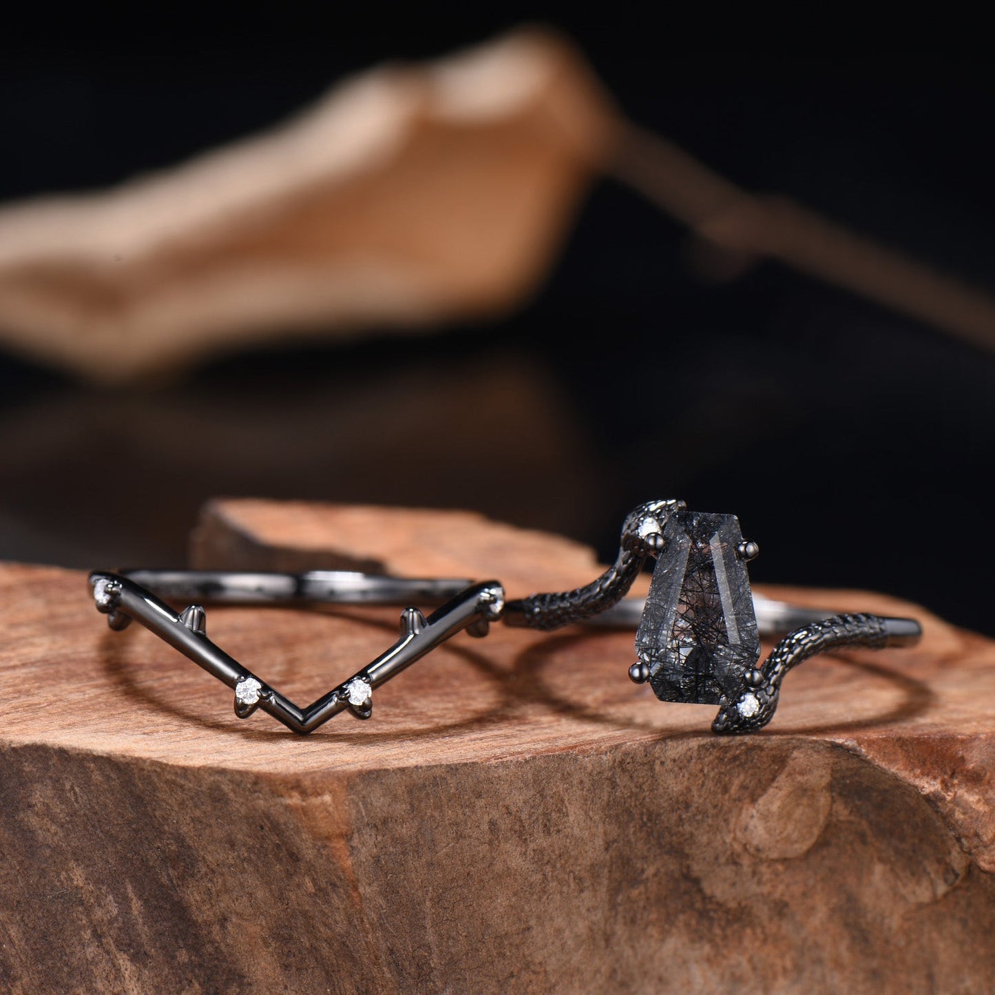 Black Rutilated Quartz Engagement Ring Set - Coffin Gemstone, Black Gold