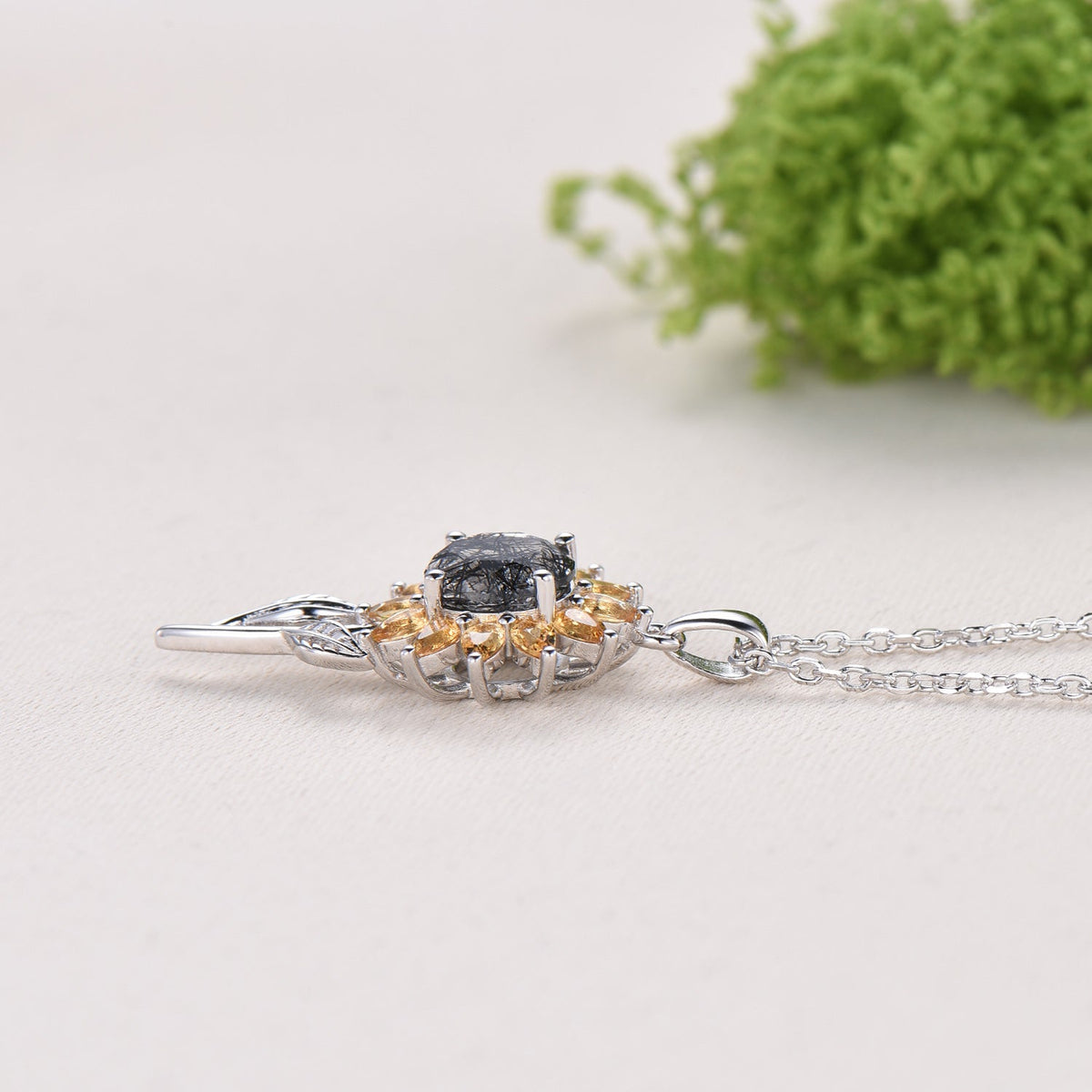 Black Rutilated Quartz Sunflower Necklace, Citrine Halo, 14K Gold Floral Pendant