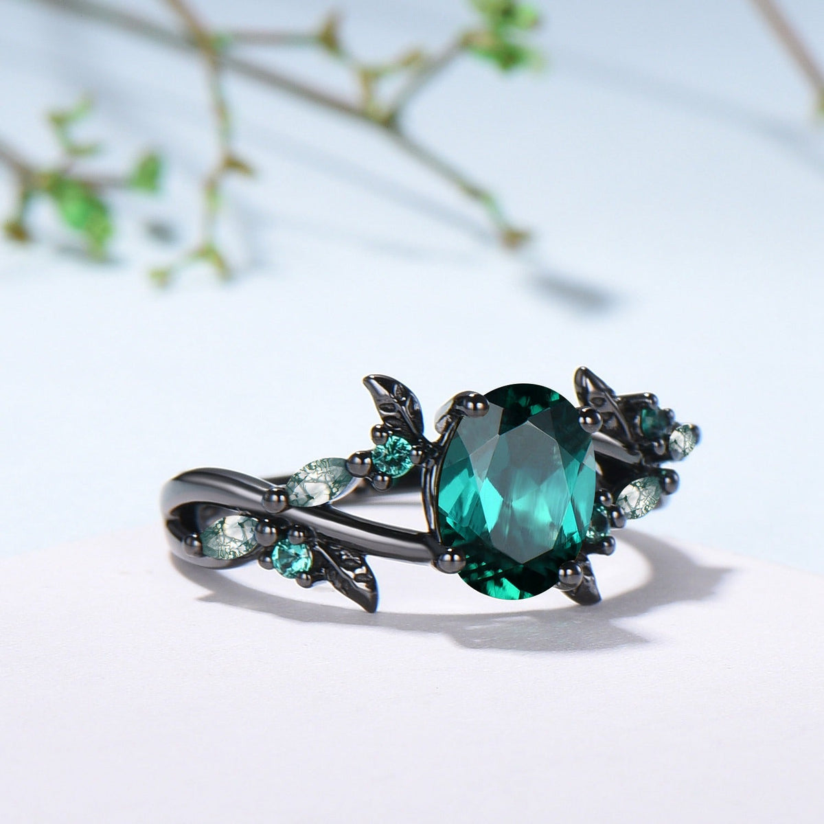 Black Gold Emerald Engagement Ring, Gothic Leaf Ring
