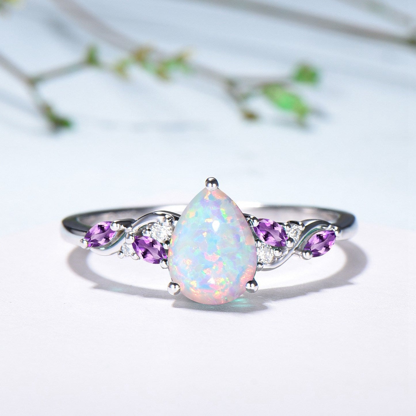 Pear Shaped White Opal Engagement Ring Set: Enchanted Moonlit Opal & Amethyst Set
