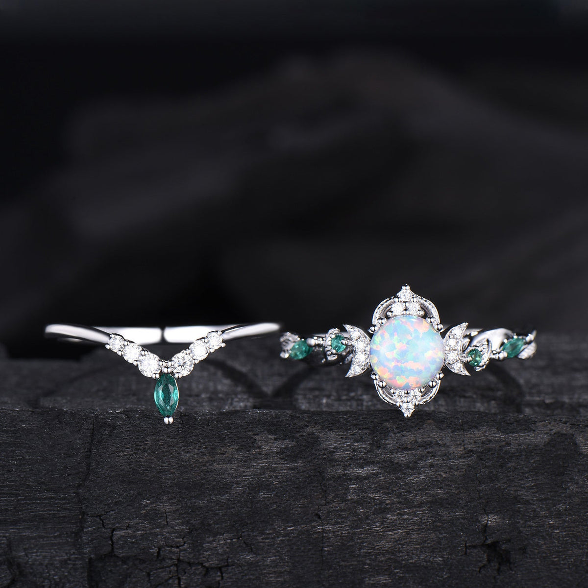 Vintage White Opal Engagement Ring Set Unique Leaves Nature Inspired Emerald Wedding Ring Set Art Deco Green Crystal Moissanite Bridal Set