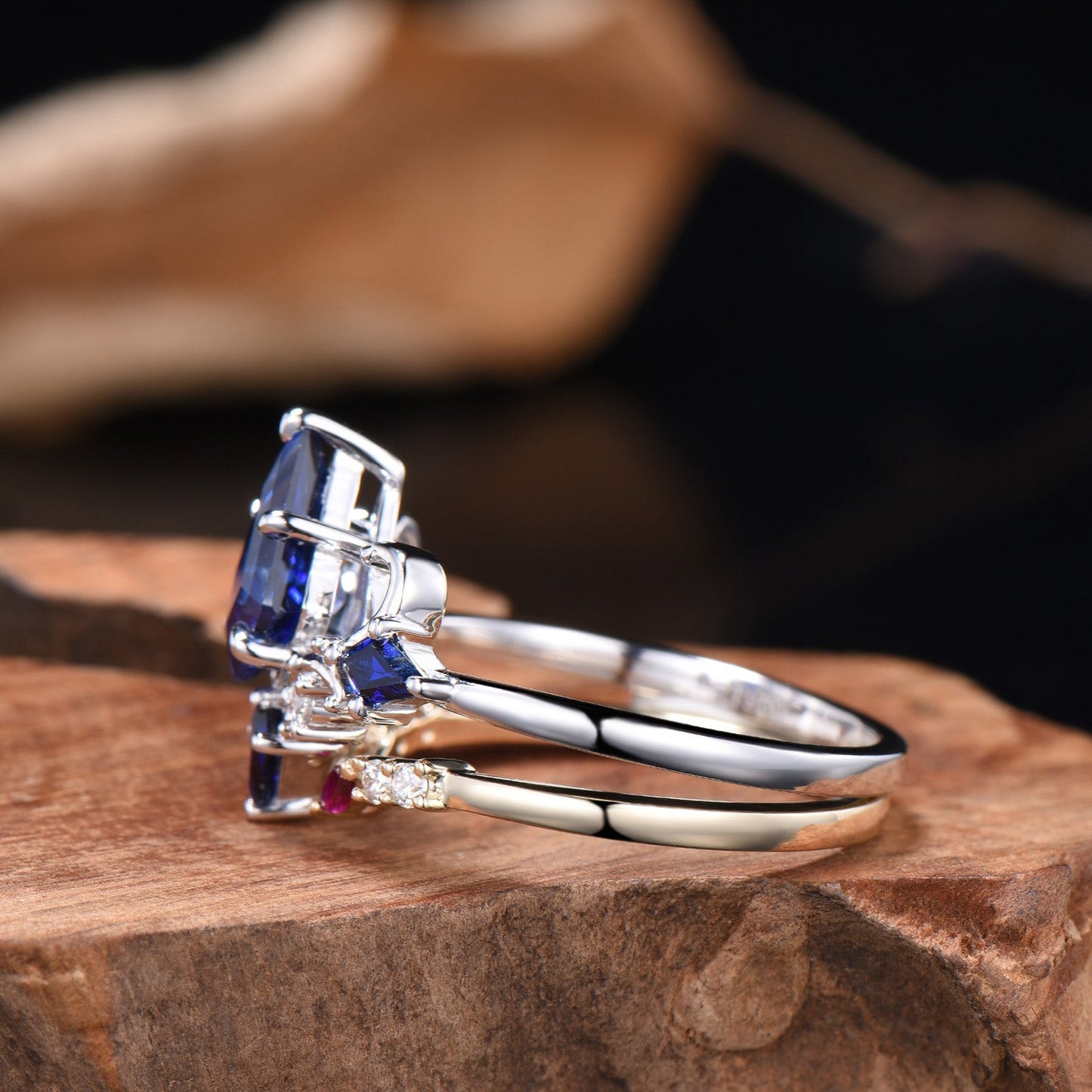Unique Sapphire Ring Set Vintage Kite Cut Blue Sapphire Engagement Ring Open Gap Ruby Wedding Band Gold Bridal Set Anniversary Promise Gifts