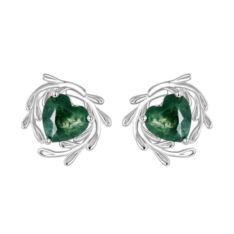 7mm Heart Shaped Moss Agate Engagement Earrings Leaf Flower Nature Inspired Jewelry
