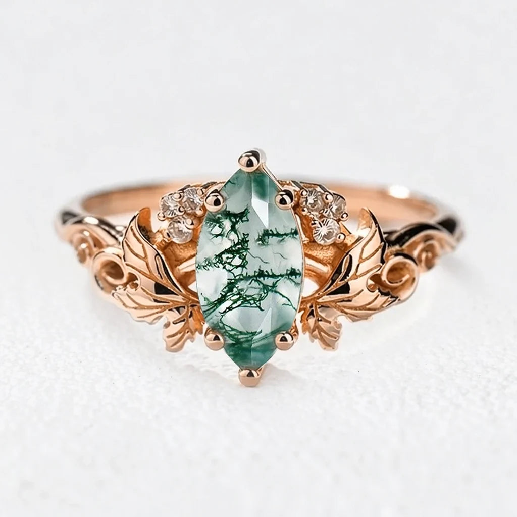 Daphne’s Laurel | Marquise Moss Agate with Diamond Leaves