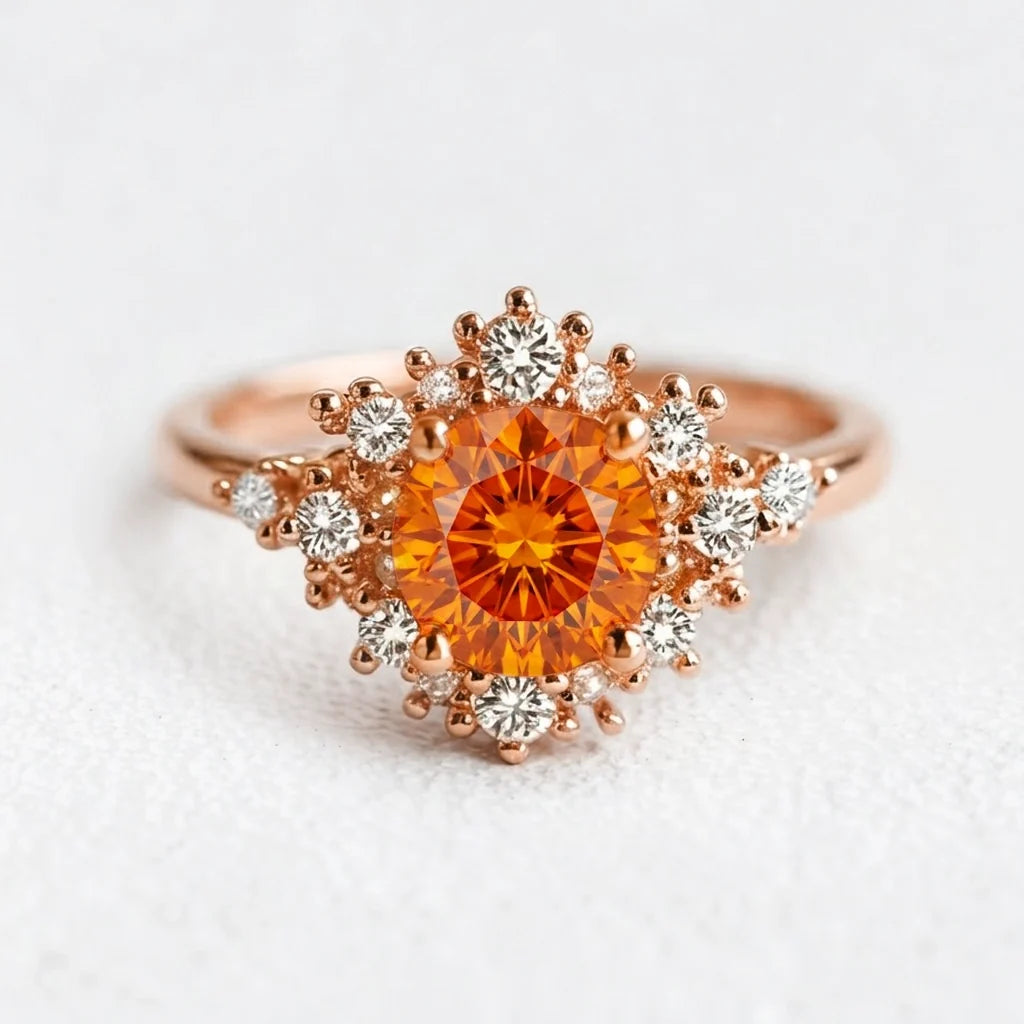 Vivienne’s Amber | Round Cut Orange Sapphire Halo Engagement Ring