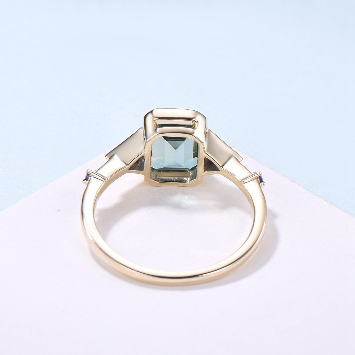 Unique Emerald Cut Green Sapphire Engagement Ring Bezel Set Trillion Blue Sapphire Five Stone Wedding Ring Anniversary Ring Gift for Women