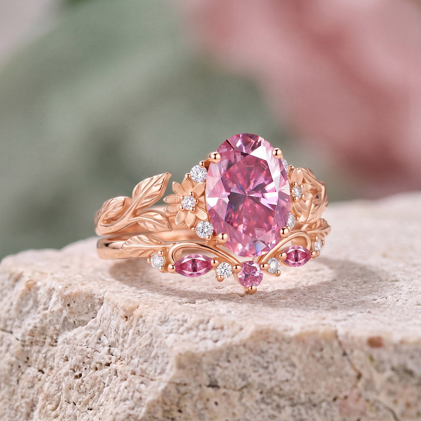 Luminous Reverie - Oval Cut Pink Moissanite Flower Unique Engagement Ring Sets 2pcs - Amaryllis