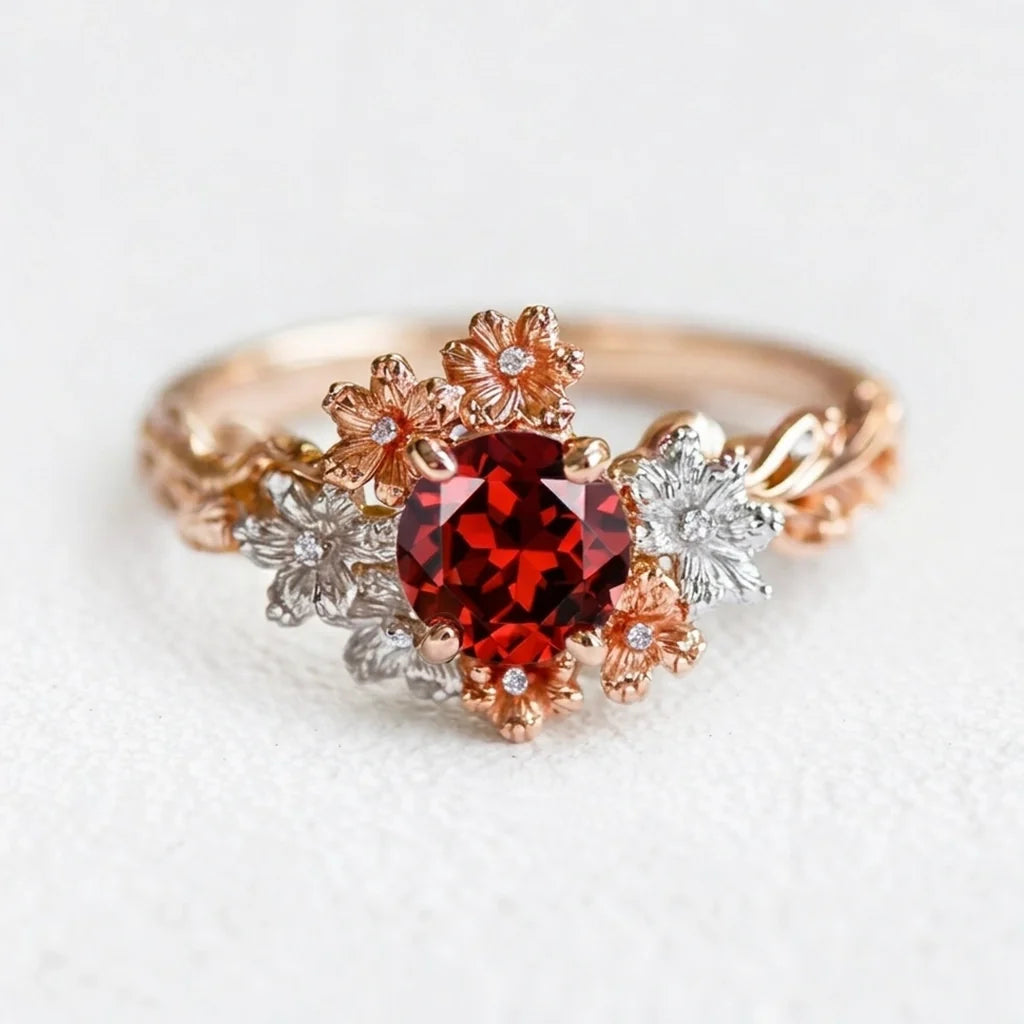 Isadora’s Crimson | Round Garnet Solitaire Petal Engagement Ring