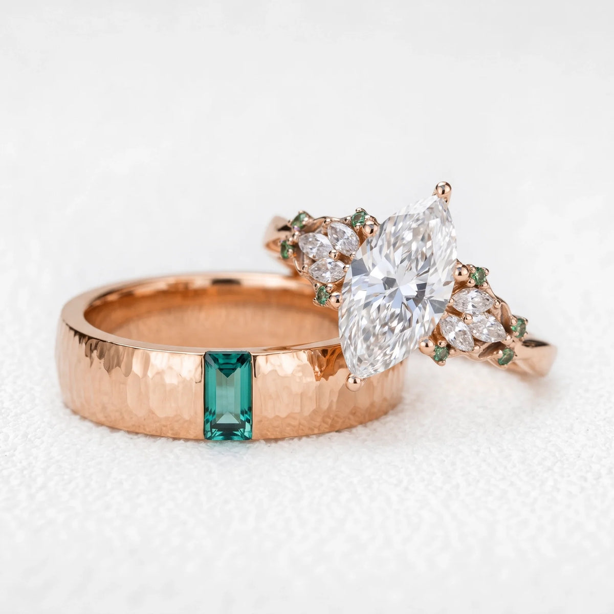 Eleonora’s Keystone | Vintage 2CT Marquise Diamond & Hammered Emerald Couple Set