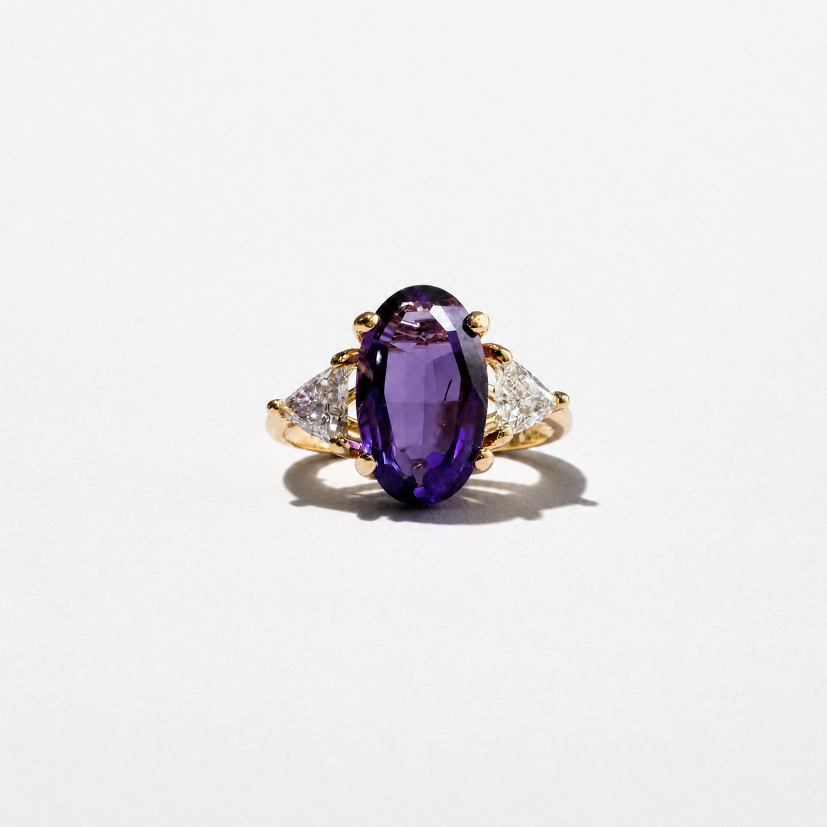 Oval Amethyst and Diamond Three Stone Ring | 14K Yellow Gold