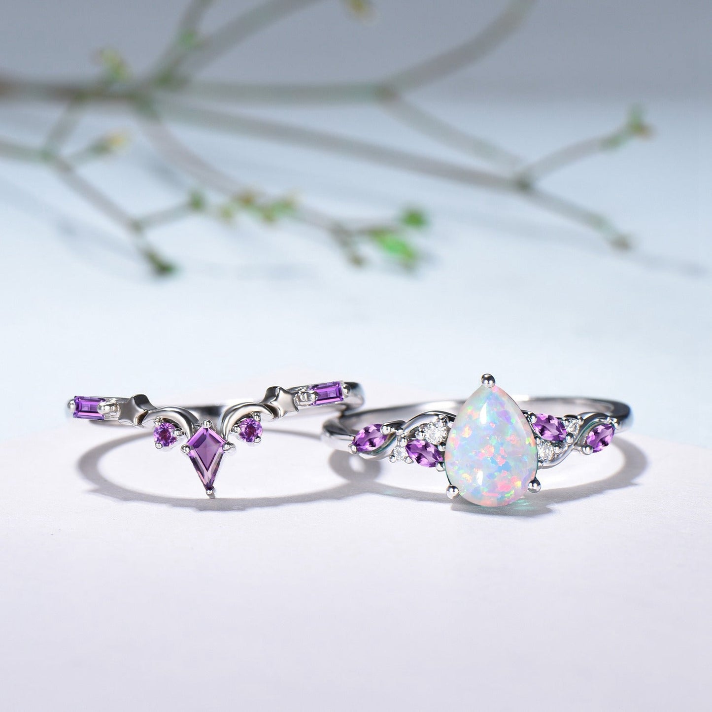 Pear Shaped White Opal Engagement Ring Set: Enchanted Moonlit Opal & Amethyst Set