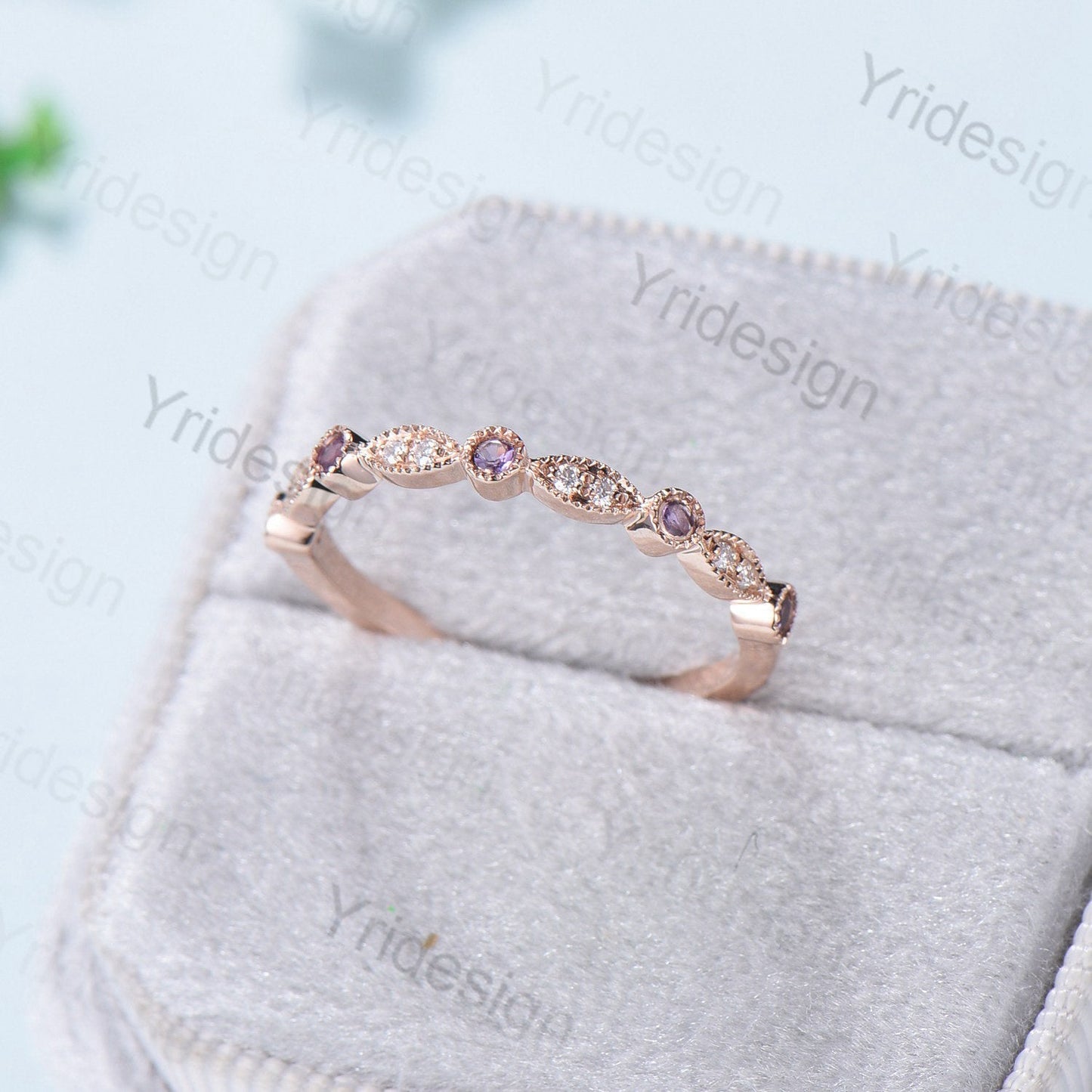 Luxe Tiara Half Eternity Amethyst And Diamond Wedding Band- Art Deco