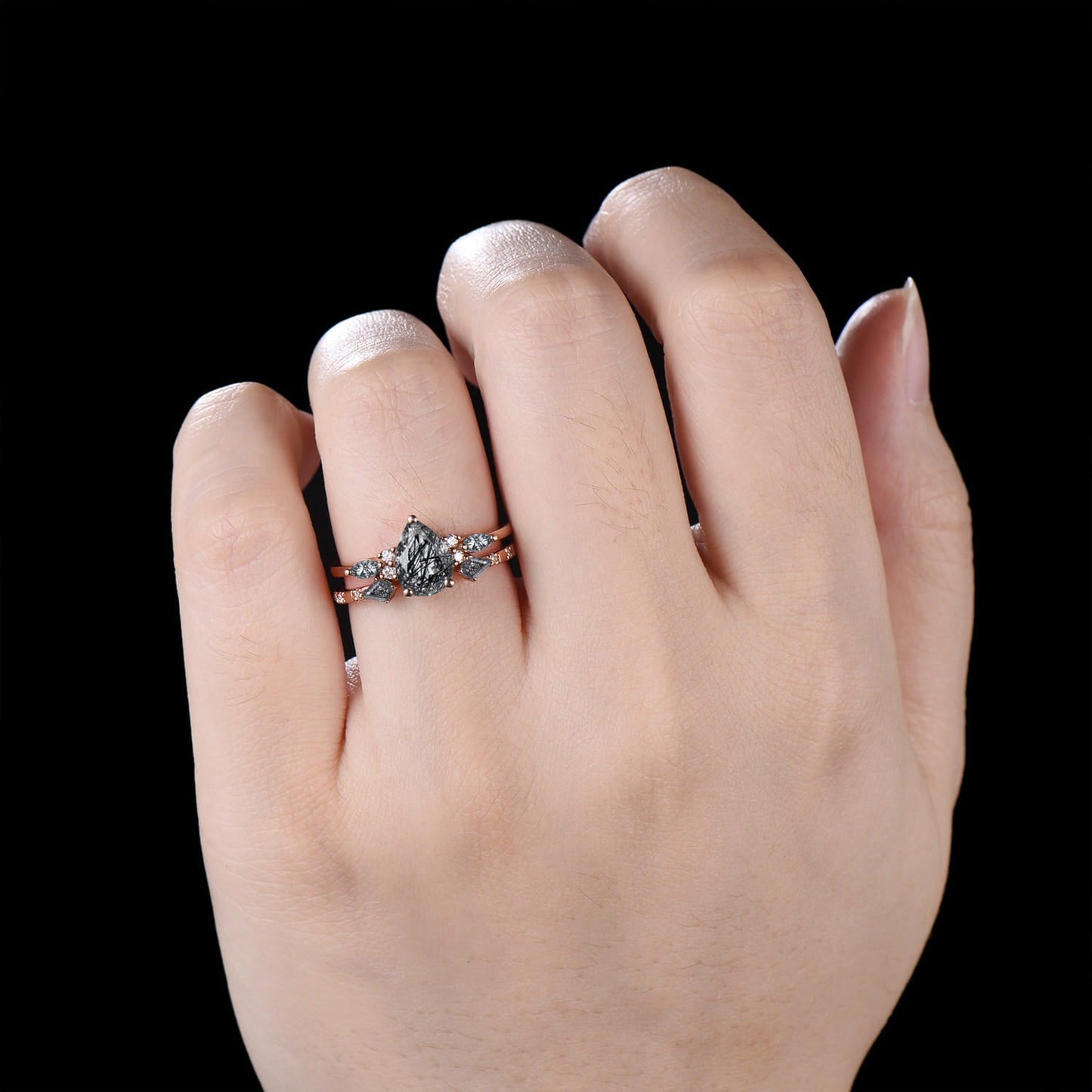 Vintage 1.25CT Pear Shaped Natural Black Rutilated Quartz Bridal Ring Set