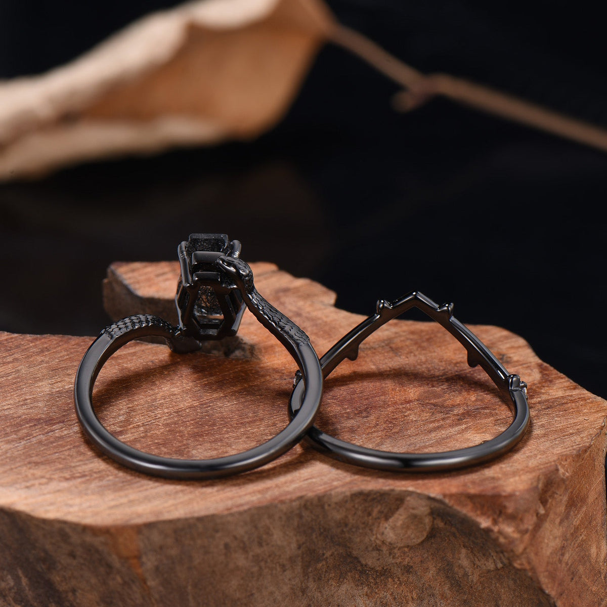 Black Rutilated Quartz Engagement Ring Set - Coffin Gemstone, Black Gold