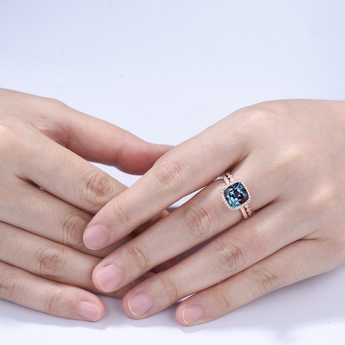 3ct Cushion Alexandrite Engagement Ring Set, 14k Rose Gold Halo Diamond Bridal Ring, Art Deco Full Eternity Milgrain Band