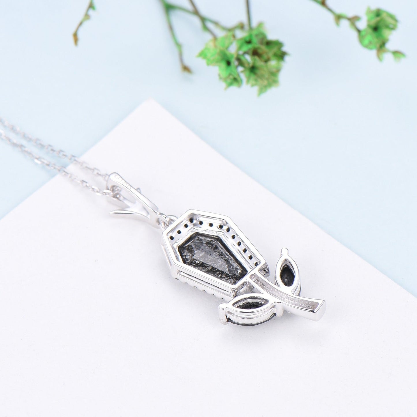 Vintage Coffin black rutilated quartz pendant necklace solid 14k 18k rose gold halo black spinel Personalized anniversary Halloween Jewelry