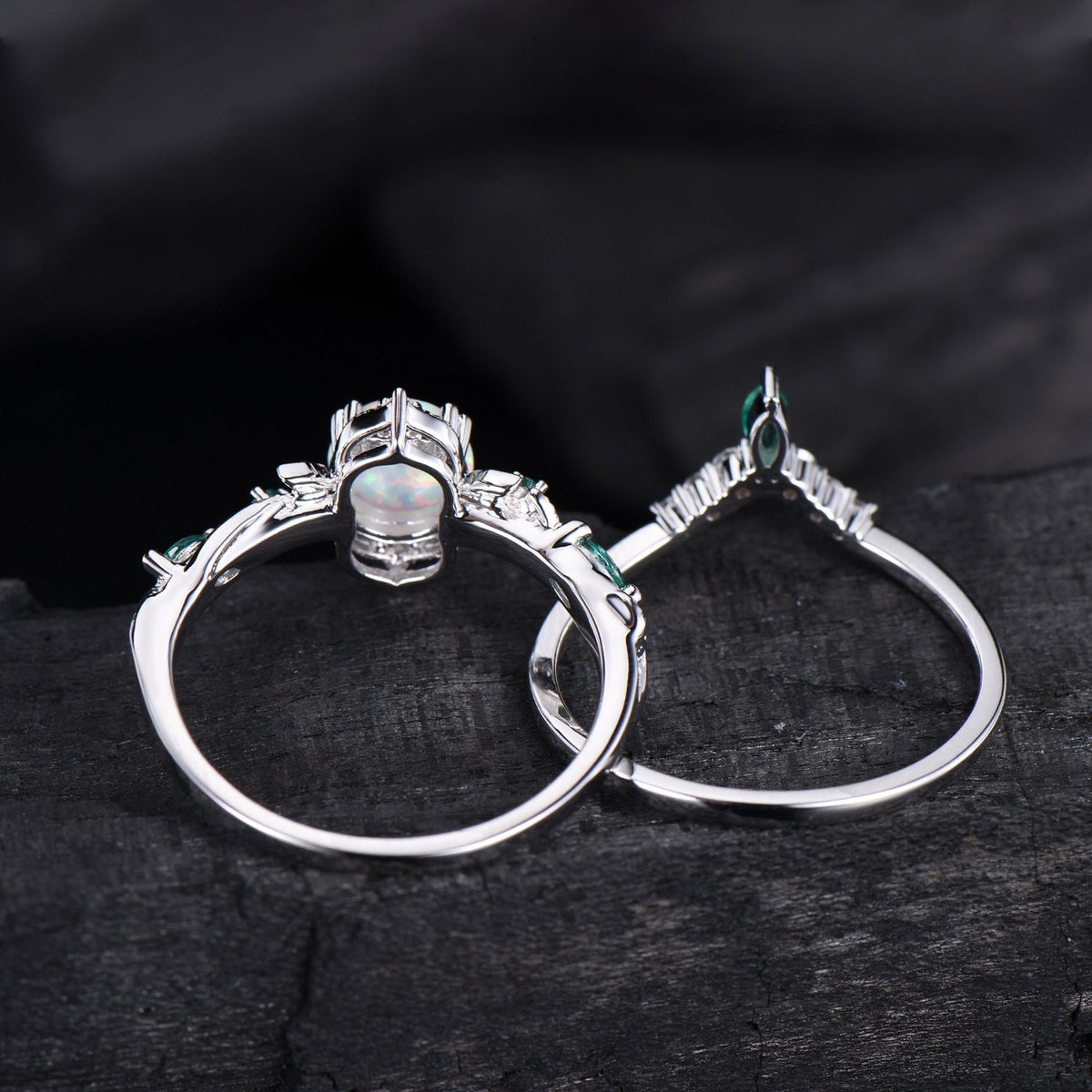 Vintage White Opal Engagement Ring Set Unique Leaves Nature Inspired Emerald Wedding Ring Set Art Deco Green Crystal Moissanite Bridal Set
