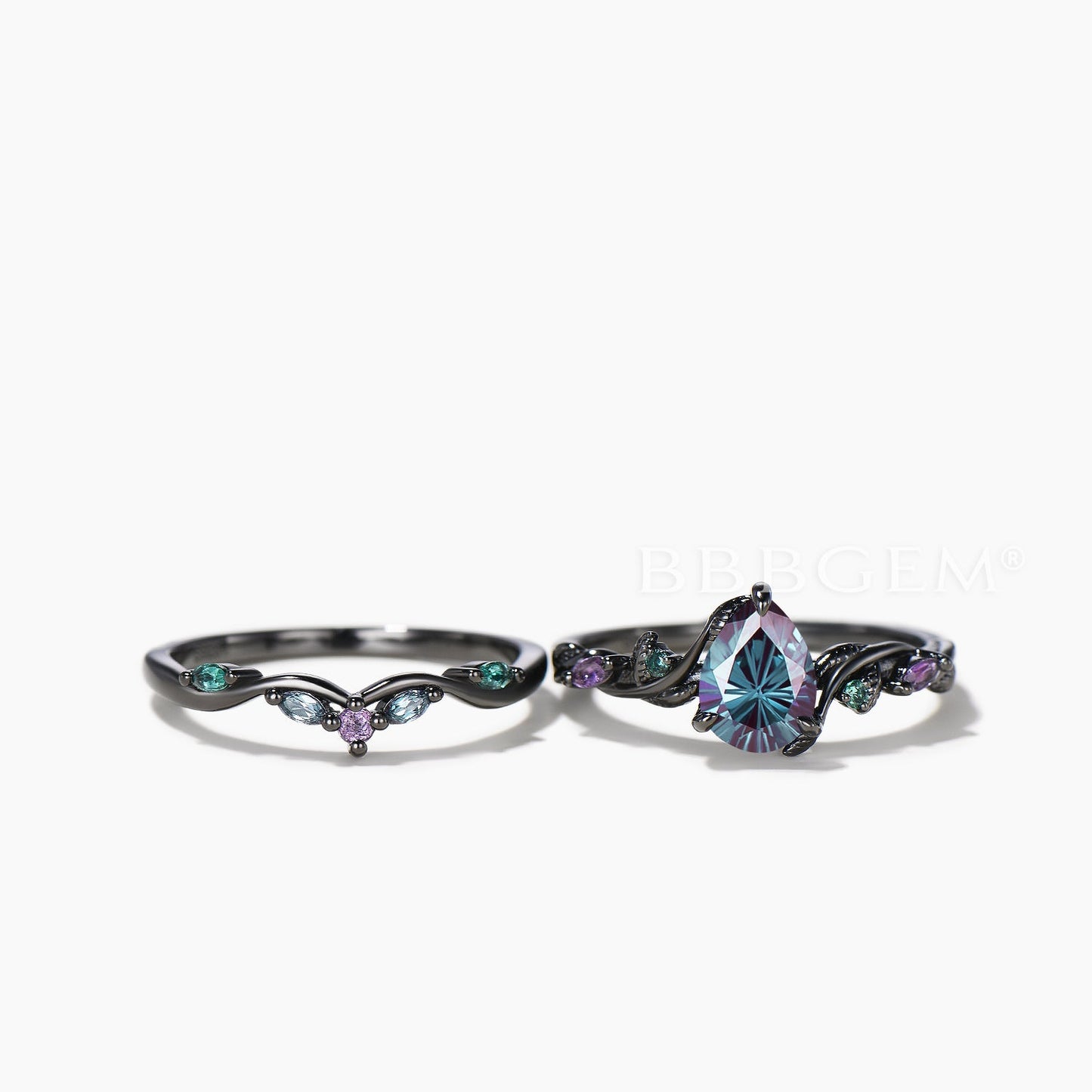 Black Gold Twig Inspired Ring Set Pear Cut Color-change Alexandrite Twisted Ring