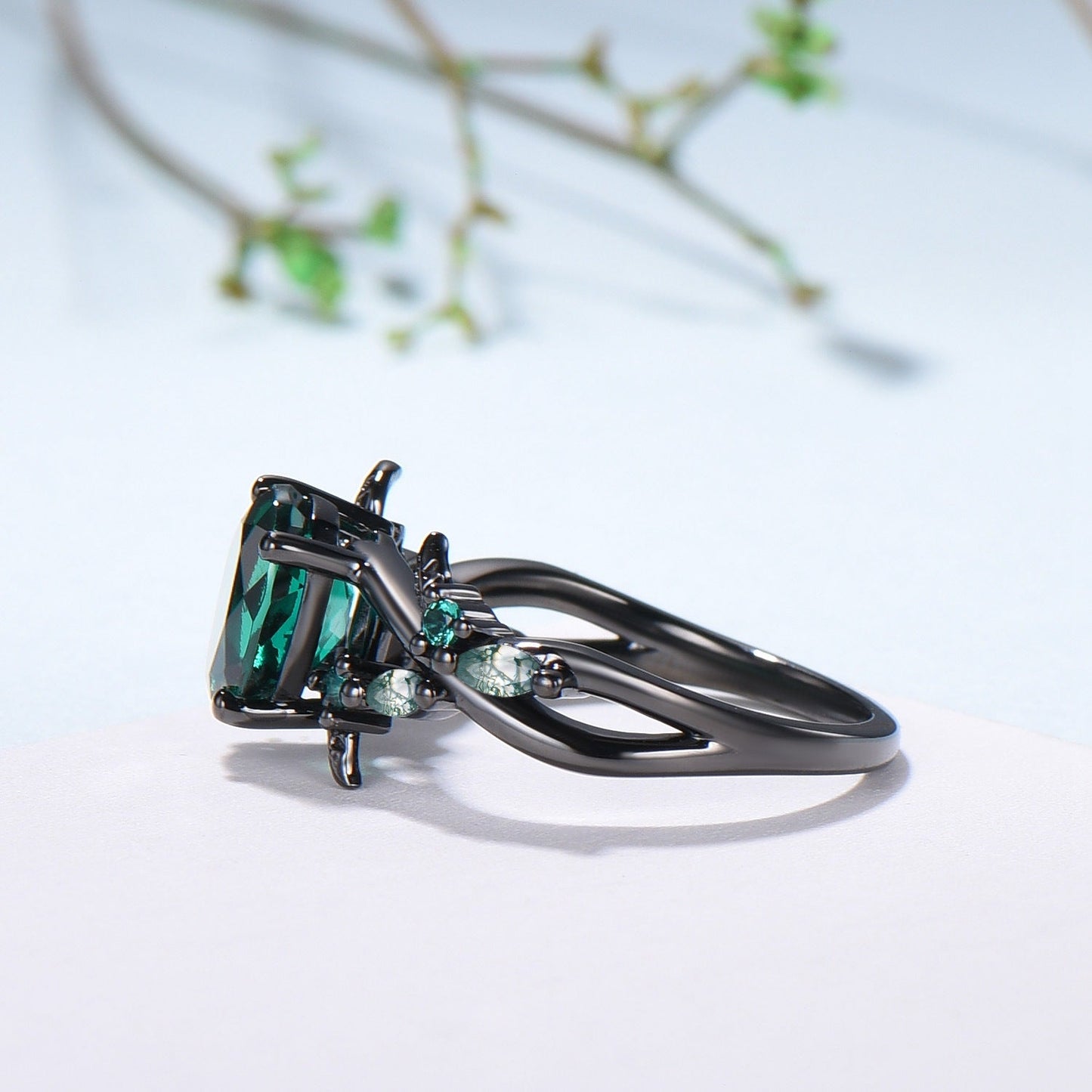 Black Gold Emerald Engagement Ring, Gothic Leaf Ring