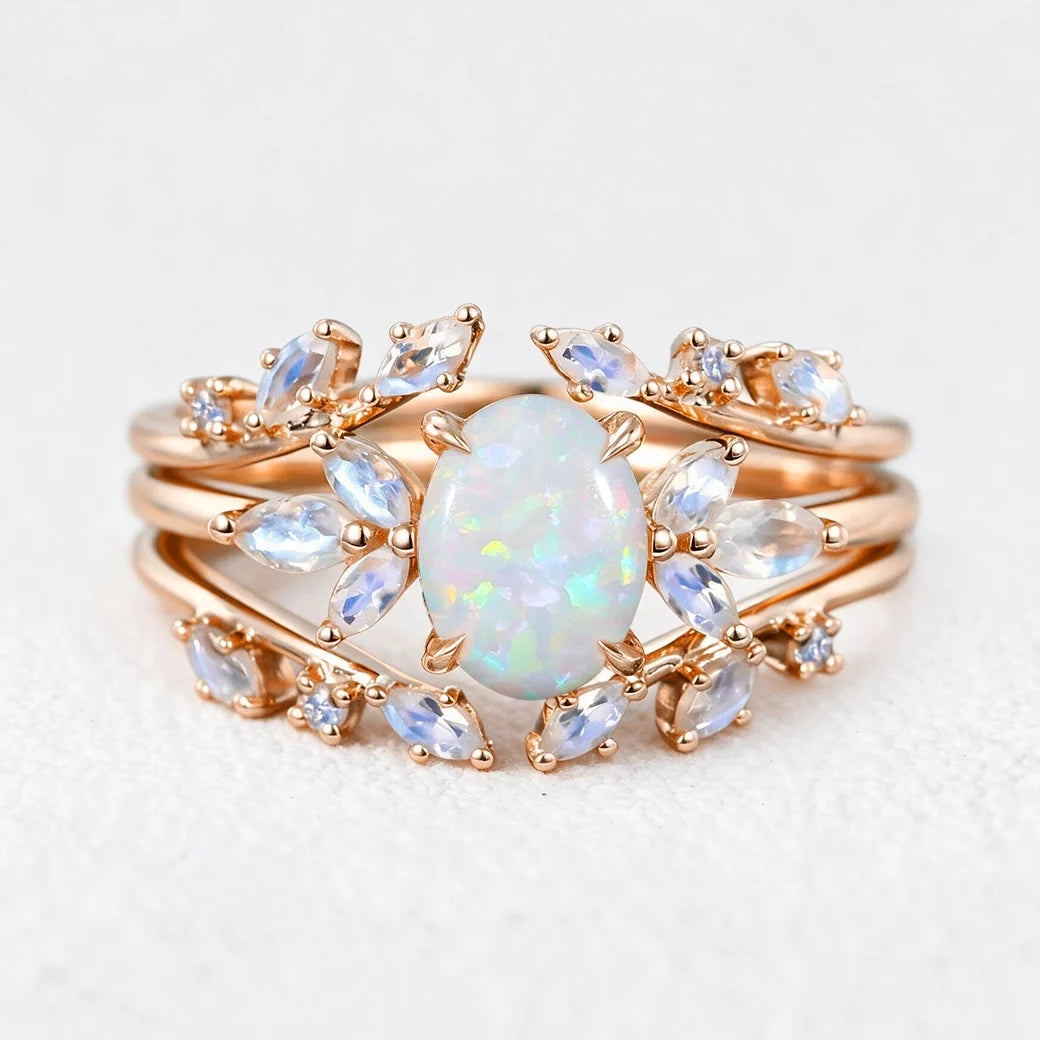 Ophelia’s Embrace | Oval Opal with Moonstone Wings Vintage Bridal Duo