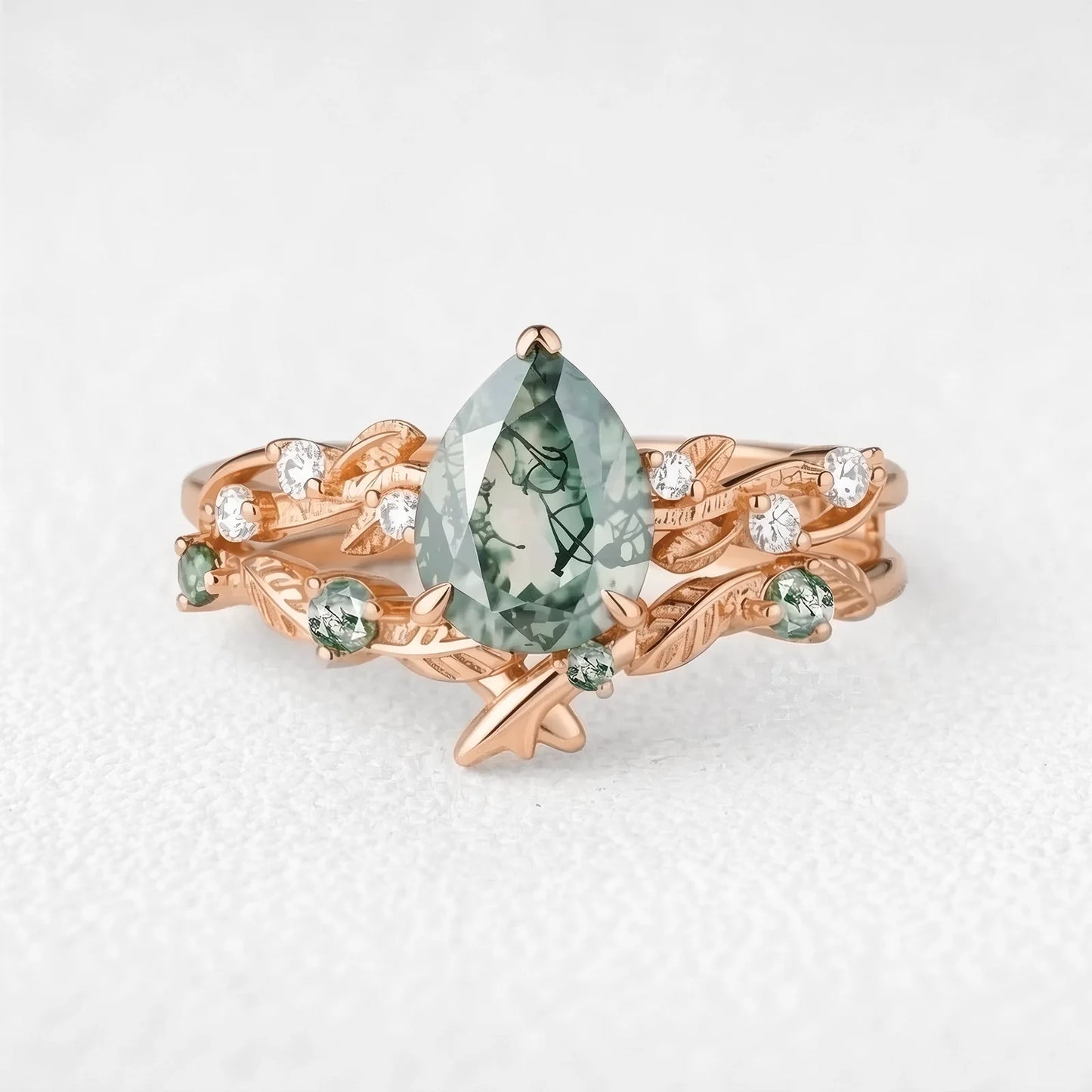 Clarissa’s Frond | Pear Cut Moss Agate Leafy Bridal Set 2pcs