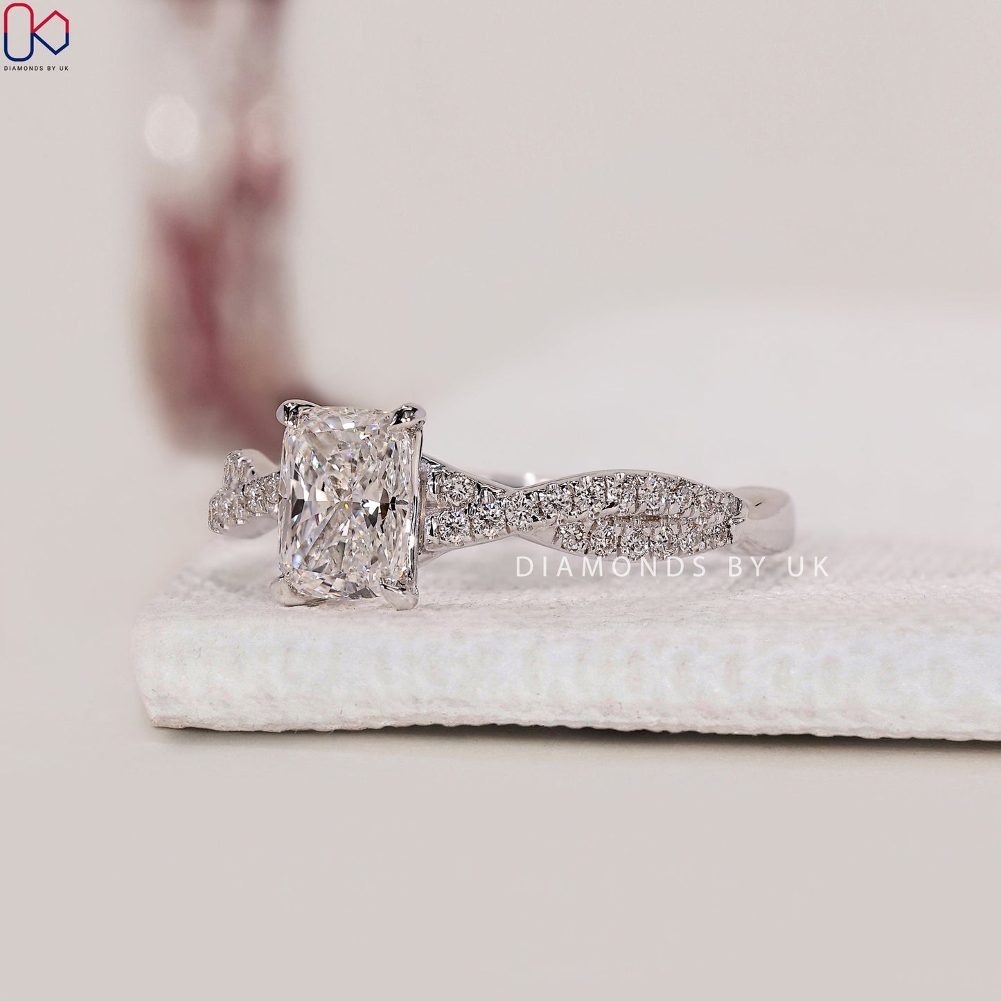Cushion Cut Diamond Ring with Twisted Pave Style
