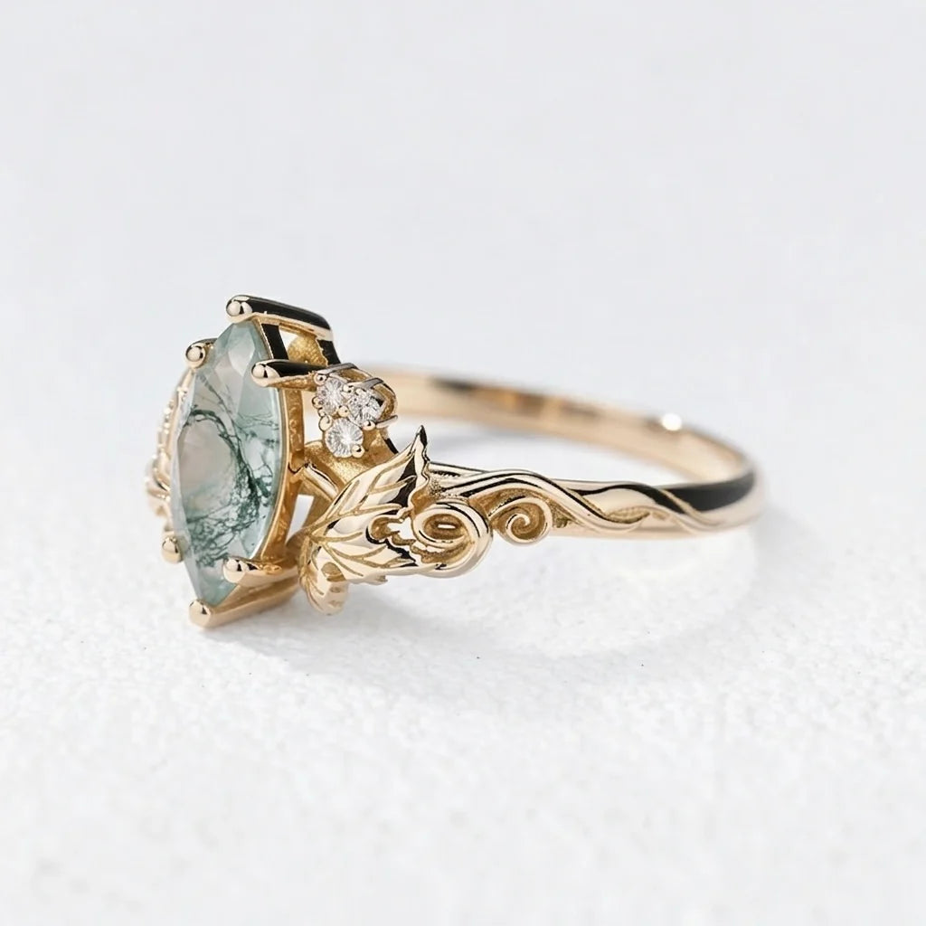 Daphne’s Laurel | Marquise Moss Agate with Diamond Leaves