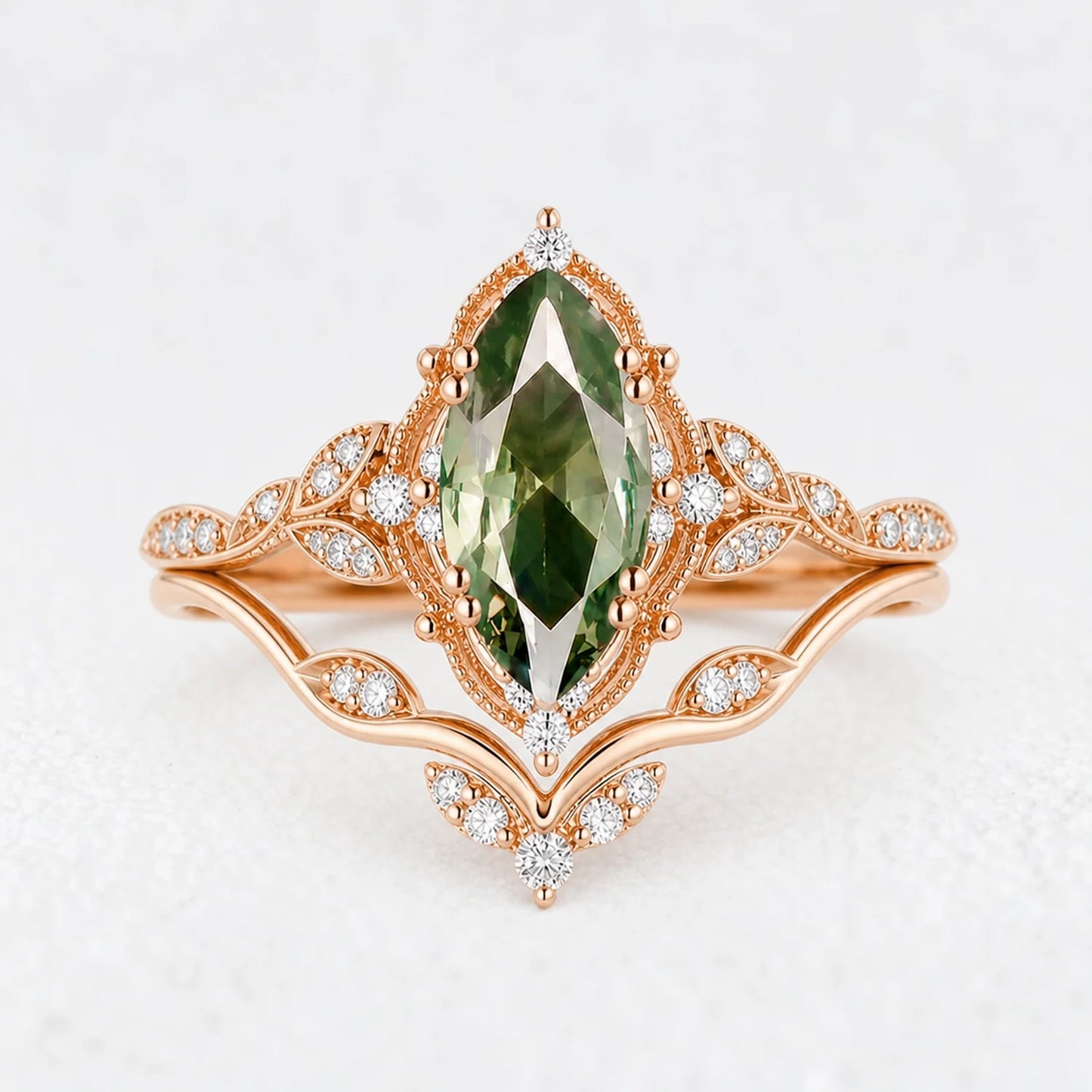 Marguerite’s Laurel | Marquise Green Sapphire Vine Bridal Duo