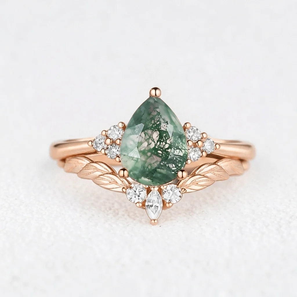 Mirabel’s Idyll | Unique Moss Agate Leaf Engagement Ring Set 2pcs