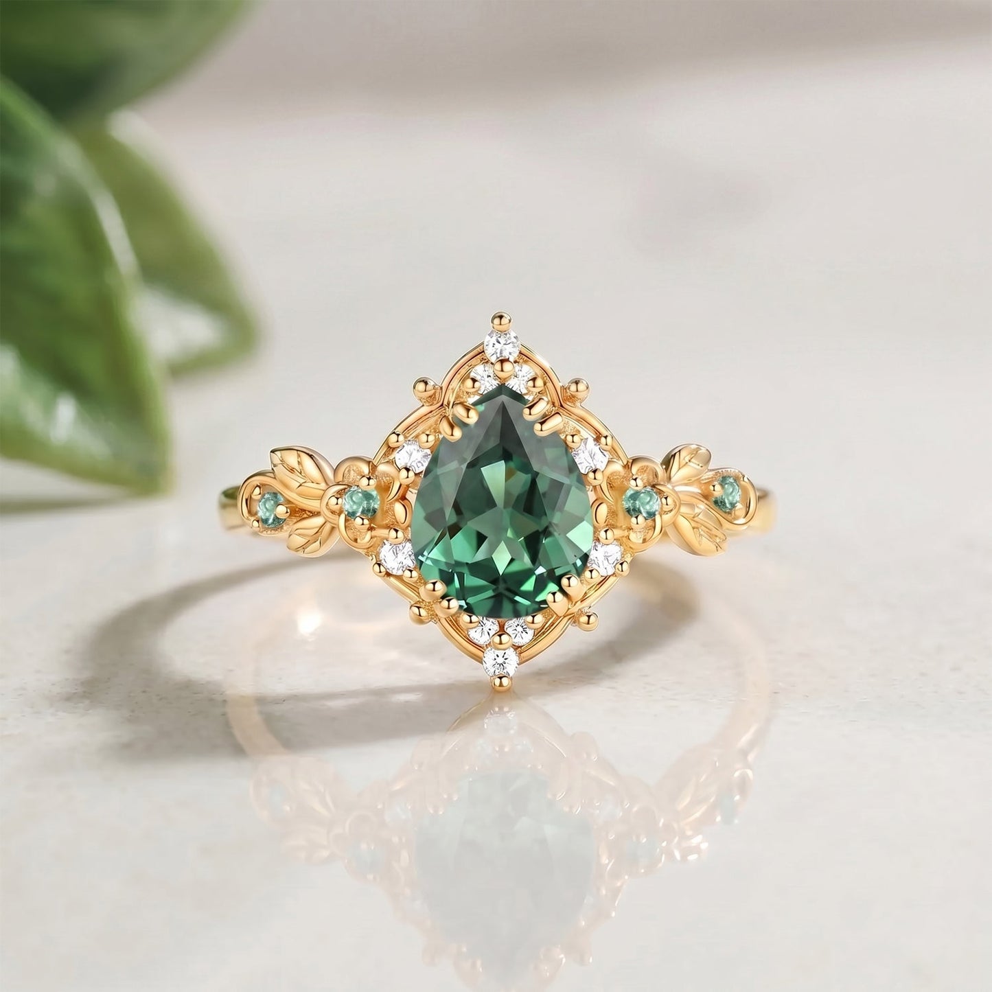 Pear Cut Flower Lab Green Sapphire Engraved Vintage Engagement Ring - Amour