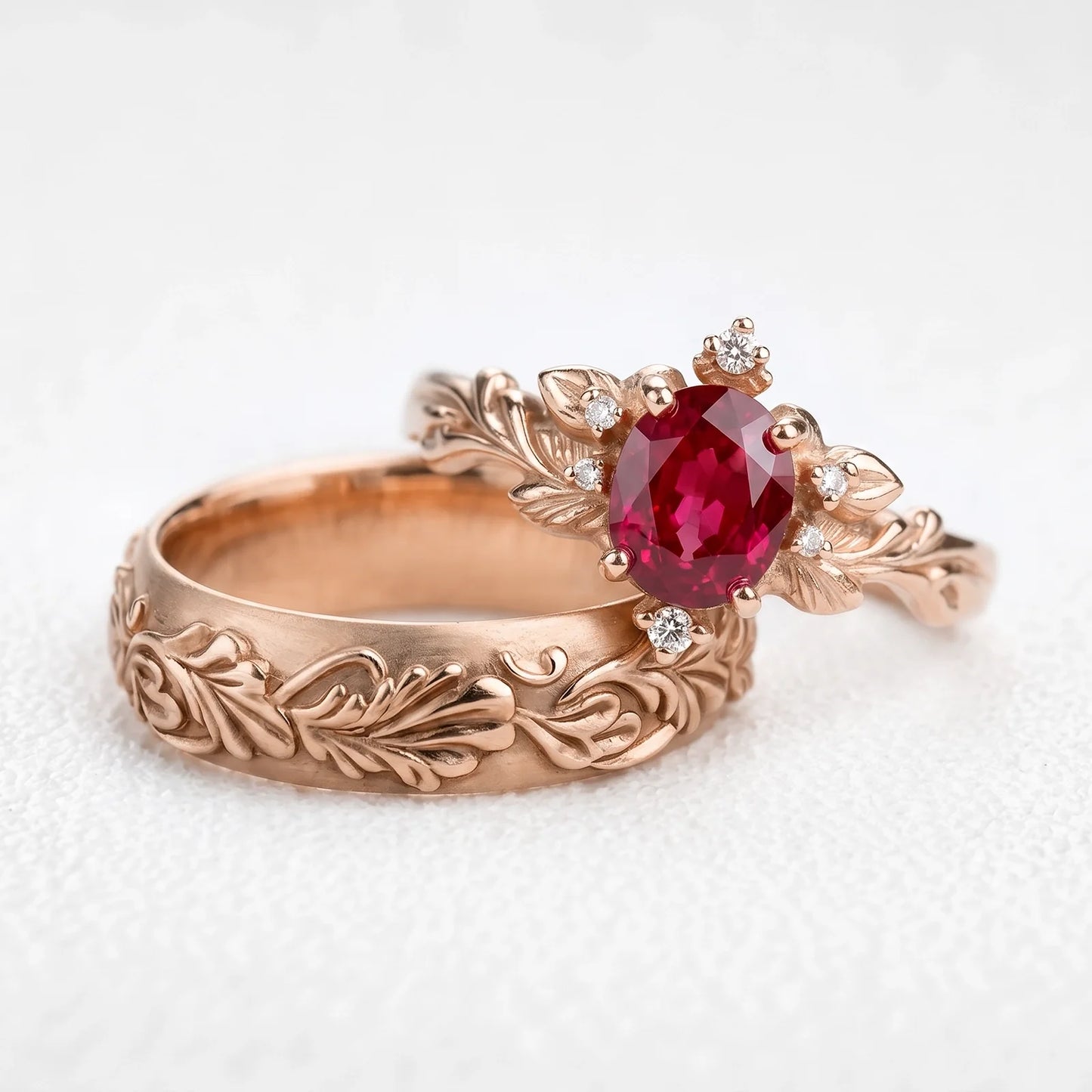 Aurora’s Ember | Oval Ruby Vintage & Noble Oak Band Couple Set