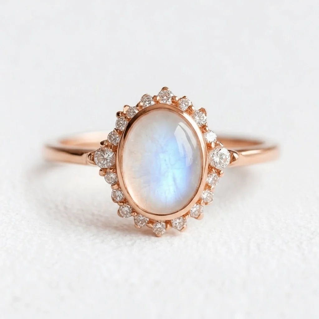 Elara’s Luster | Classic Oval Moonstone Halo Engagement Ring