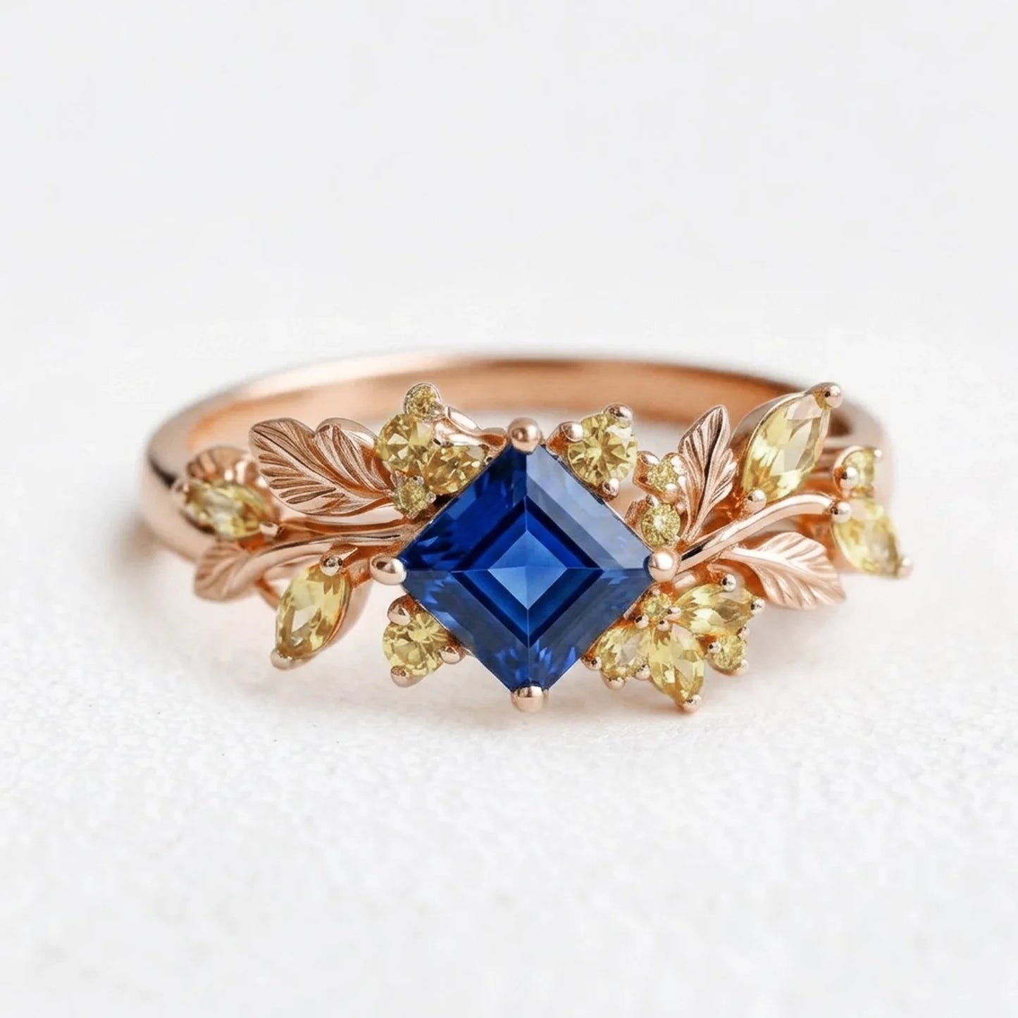 Seraphine’s Bloom | Princess Cut Sapphire with Citrine Floral Engagement Ring