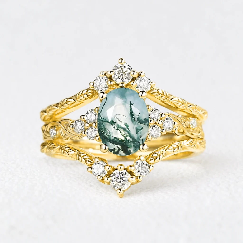 Hazel Blingflare Oval Moss Agate Filigree Ring Bridal Set 2pcs