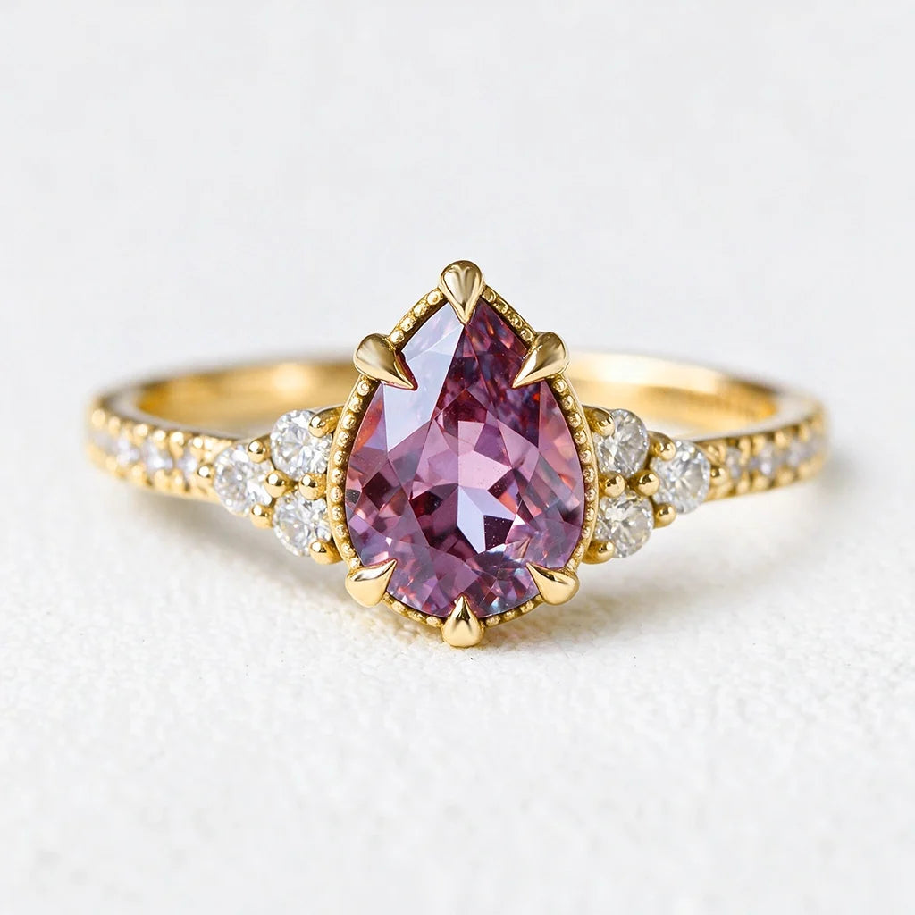 Aurora's Twilight | 2CT Pear Violet Sapphire Engagement Ring with Diamond Band